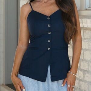 Olivaceous Ina Linen Navy‎ Button-Front V-Neck Tank Top